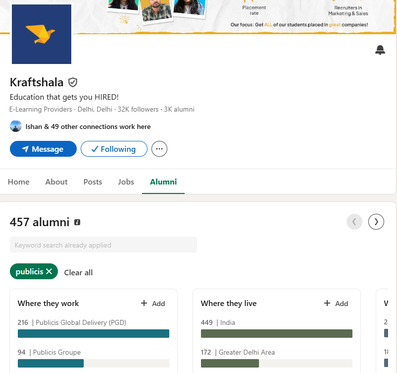LinkedIn search showing 310+ Kraftshala alumni working at Publicis