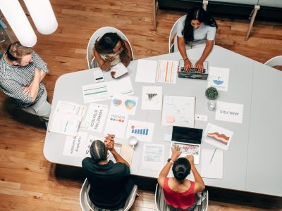 Team in an office discussing a project